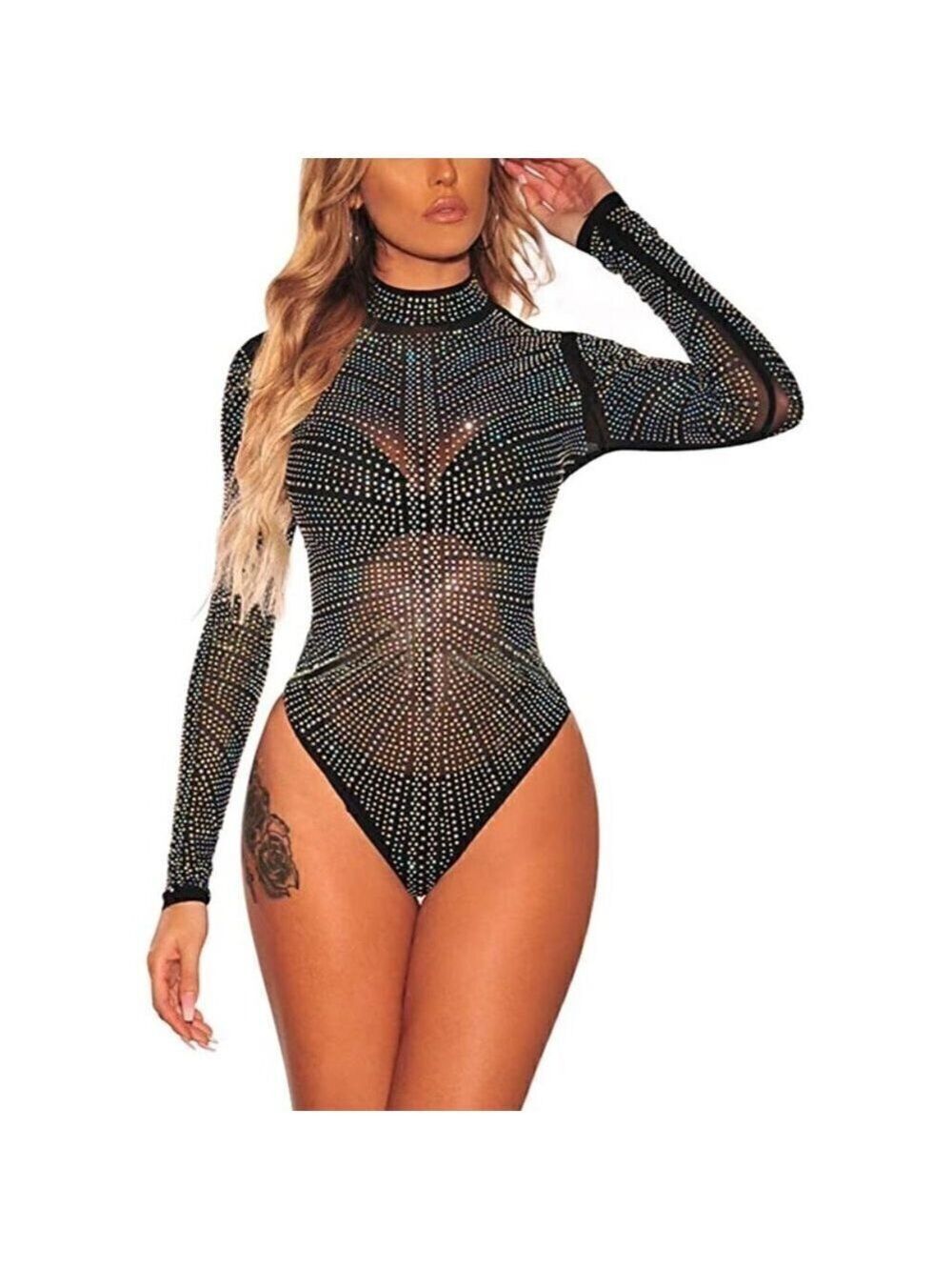 Sexy Sheer Mesh Turtleneck Leotard Bodysuit LS Stretchy NWT